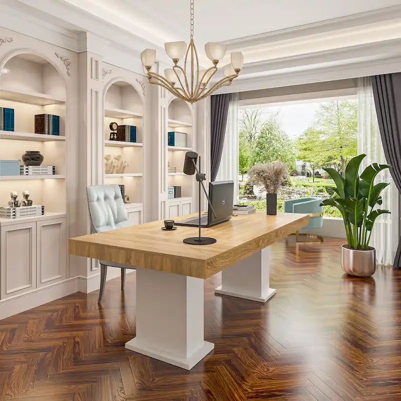 Bureau d'ordinateur/Table à manger grande en bois pratique avec base blanche