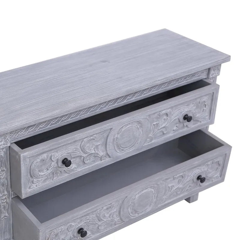 Buffet en bois d'acajou massif avec 2 tiroirs – Fini lavé gris