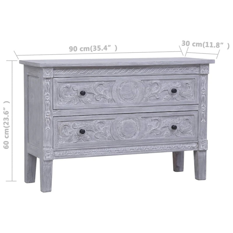 Buffet en bois d'acajou massif avec 2 tiroirs – Fini lavé gris