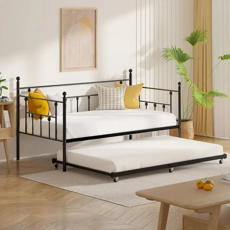 Lit de repos classique en métal à cadre ouvert avec lit gigogne, taille double