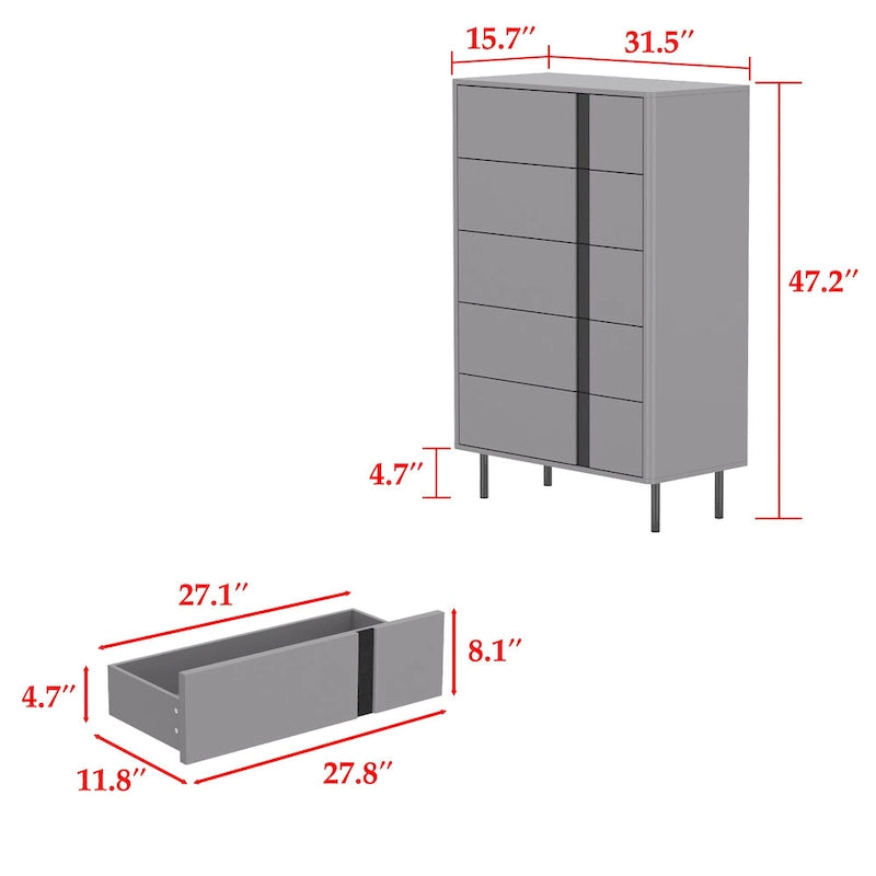Commode moderne en bois à 5 tiroirs avec pieds métalliques réglables – Grise