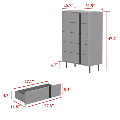 Commode moderne en bois à 5 tiroirs avec pieds métalliques réglables – Grise