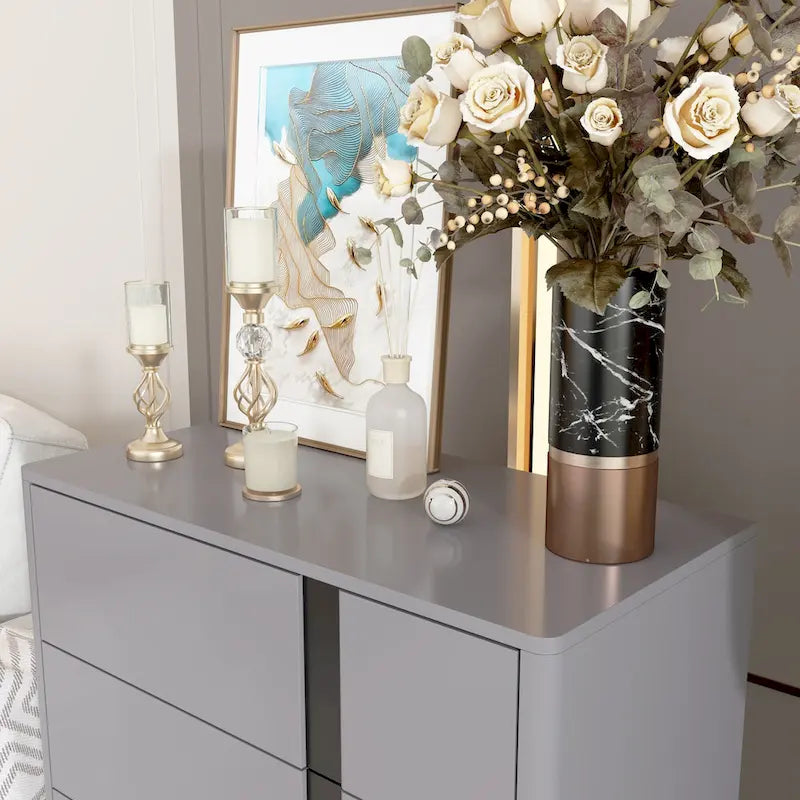 Commode moderne en bois à 5 tiroirs avec pieds métalliques réglables – Grise
