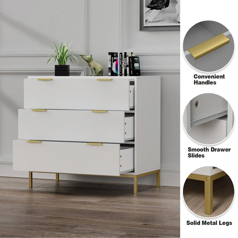 Commode à 3 tiroirs blanche, style moderne du milieu du siècle, pour chambre à coucher, en bois