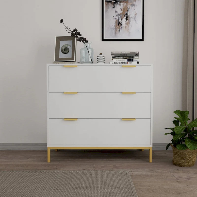 Commode à 3 tiroirs blanche, style moderne du milieu du siècle, pour chambre à coucher, en bois