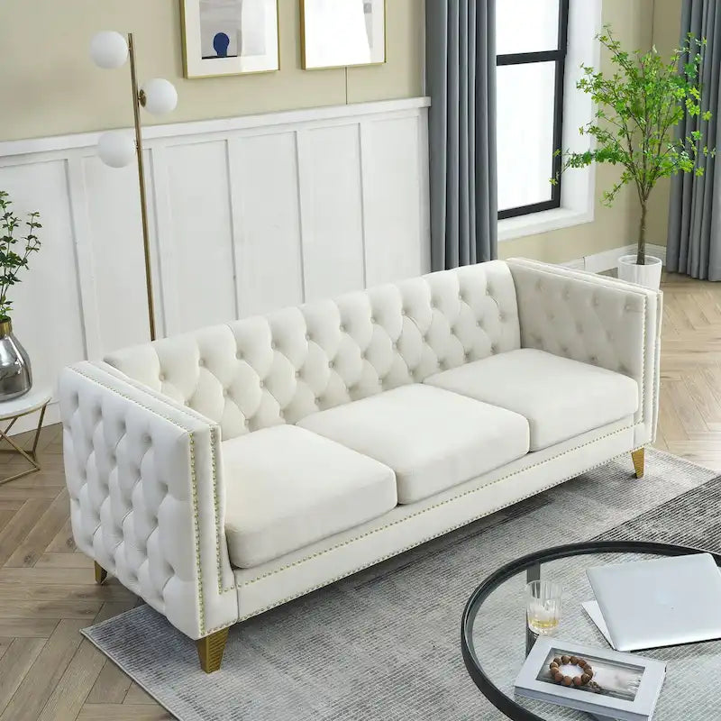 Canapé en velours Chesterfield avec capitonnage et pieds en métal
