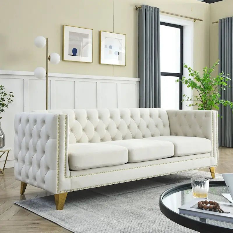 Canapé en velours Chesterfield avec capitonnage et pieds en métal