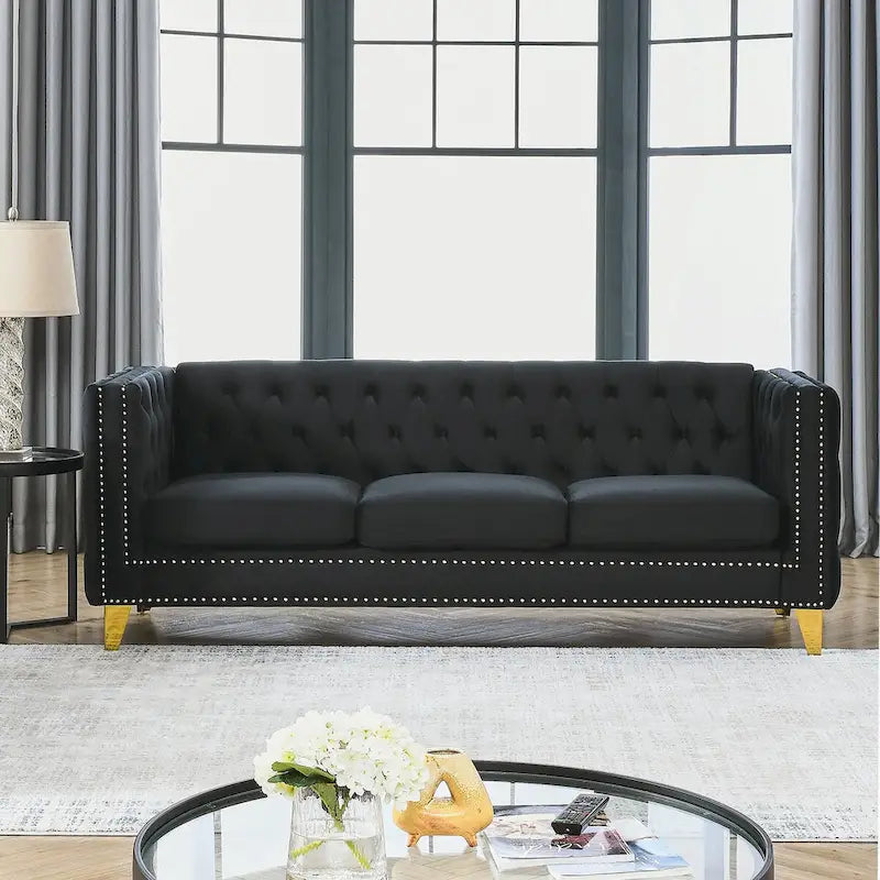 Canapé en velours Chesterfield avec capitonnage et pieds en métal