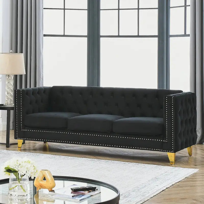 Canapé en velours Chesterfield avec capitonnage et pieds en métal