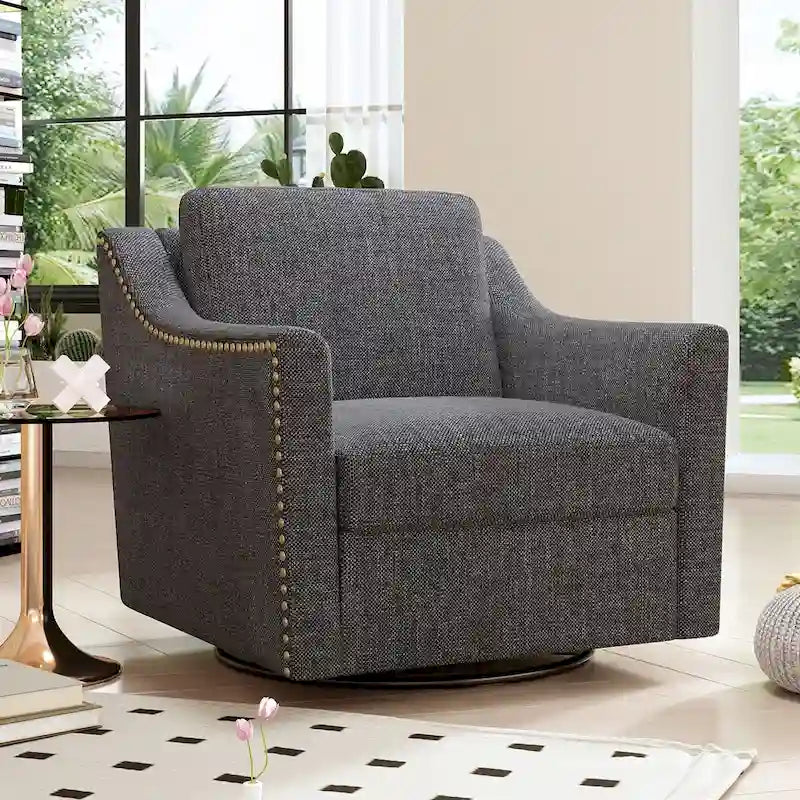 Fauteuil d'appoint pivotant à 360° avec clous décoratifs en laiton et base en métal noir