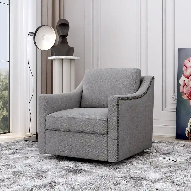 Fauteuil d'appoint pivotant à 360° avec clous décoratifs en laiton et base en métal noir