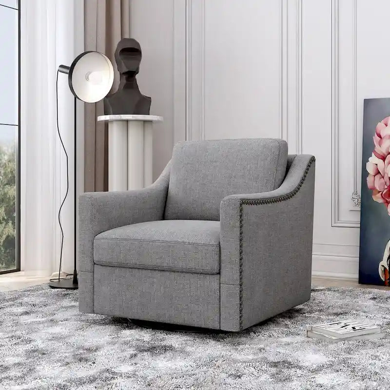 Fauteuil d'appoint pivotant à 360° avec clous décoratifs en laiton et base en métal noir
