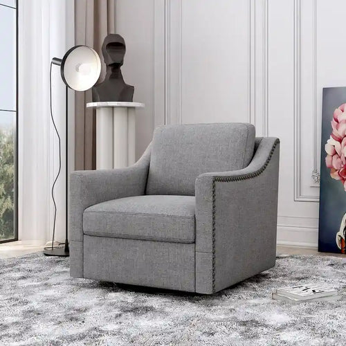Fauteuil d'appoint pivotant à 360° avec clous décoratifs en laiton et base en métal noir