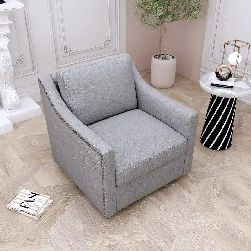 Fauteuil d'appoint pivotant à 360° avec clous décoratifs en laiton et base en métal noir