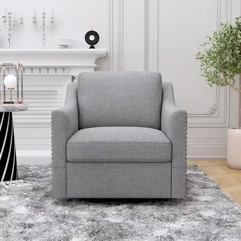 Fauteuil d'appoint pivotant à 360° avec clous décoratifs en laiton et base en métal noir