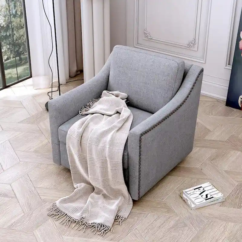 Fauteuil d'appoint pivotant à 360° avec clous décoratifs en laiton et base en métal noir