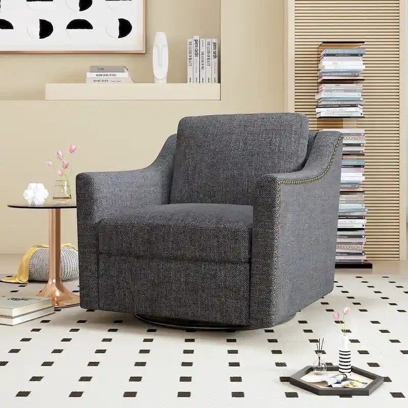 Fauteuil d'appoint pivotant à 360° avec clous décoratifs en laiton et base en métal noir