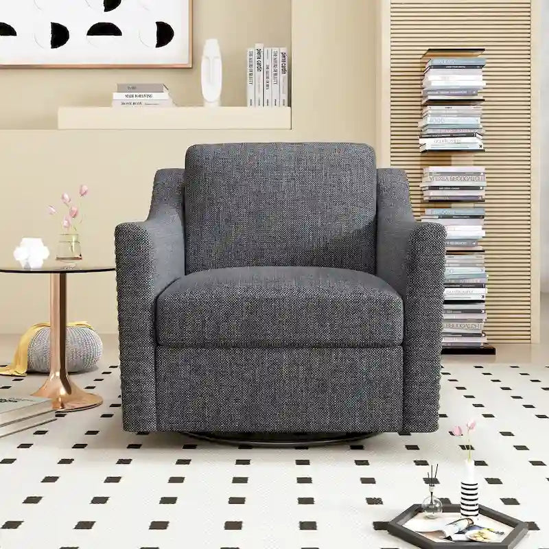 Fauteuil d'appoint pivotant à 360° avec clous décoratifs en laiton et base en métal noir