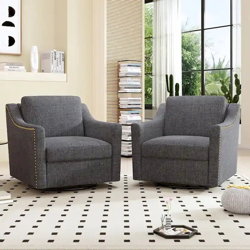 Fauteuil d'appoint pivotant à 360° avec clous décoratifs en laiton et base en métal noir