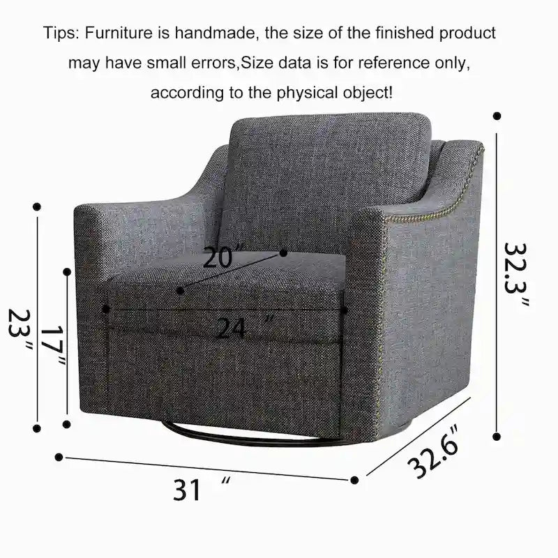 Fauteuil d'appoint pivotant à 360° avec clous décoratifs en laiton et base en métal noir