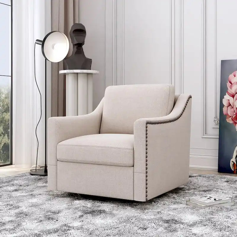 Fauteuil d'appoint pivotant à 360° avec clous décoratifs en laiton et base en métal noir