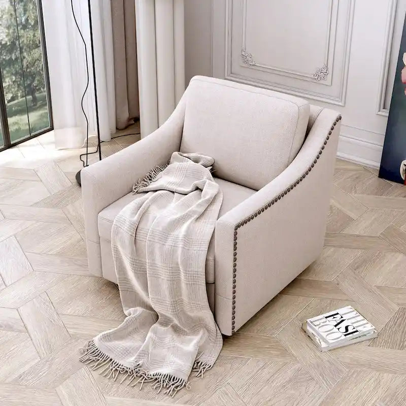 Fauteuil d'appoint pivotant à 360° avec clous décoratifs en laiton et base en métal noir