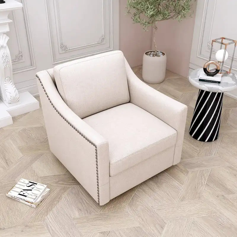 Fauteuil d'appoint pivotant à 360° avec clous décoratifs en laiton et base en métal noir