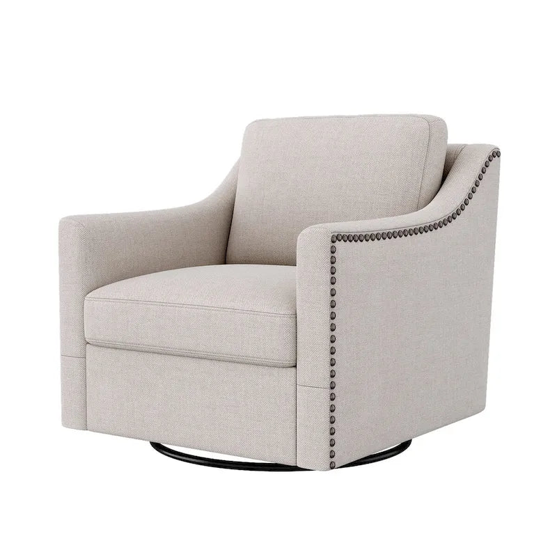 Fauteuil d'appoint pivotant à 360° avec clous décoratifs en laiton et base en métal noir
