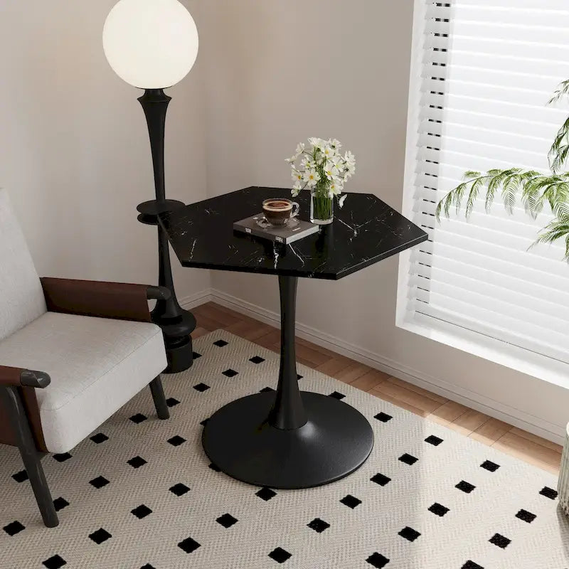 Table Basse Hexagonale Moderne avec Plateau en Marbre Imprimé et Base en Métal pour Salle à Manger, Cuisine et Salon