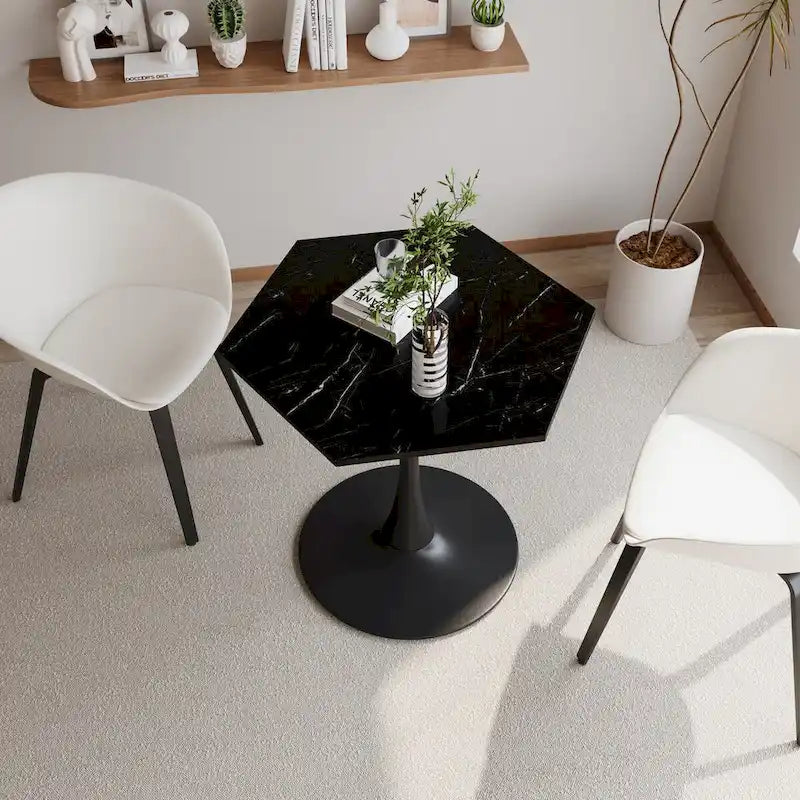 Table Basse Hexagonale Moderne avec Plateau en Marbre Imprimé et Base en Métal pour Salle à Manger, Cuisine et Salon