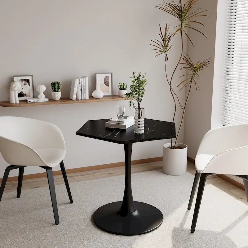 Table Basse Hexagonale Moderne avec Plateau en Marbre Imprimé et Base en Métal pour Salle à Manger, Cuisine et Salon