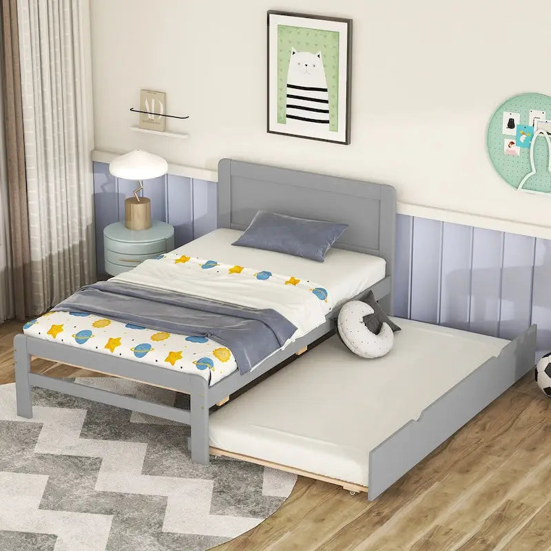 Cadre de lit plateforme double contemporain avec lit gigogne – Construction durable en hévéa, contreplaqué, MDF