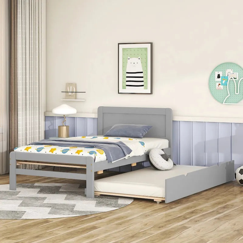 Cadre de lit plateforme double contemporain avec lit gigogne – Construction durable en hévéa, contreplaqué, MDF