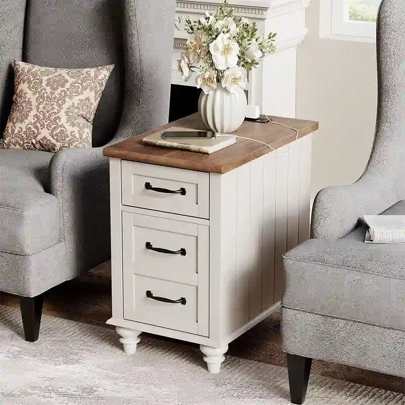 Table de chevet moderne avec station de charge, tiroir et meuble de rangement — Blanc et chêne
