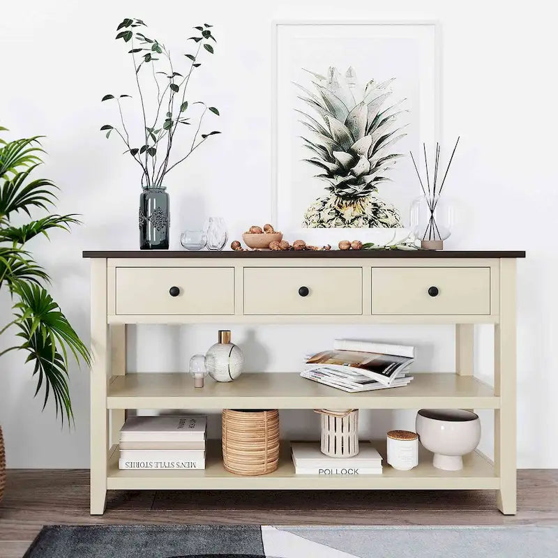 Console style rétro avec deux étagères ouvertes, structure et pieds en bois de pin massif