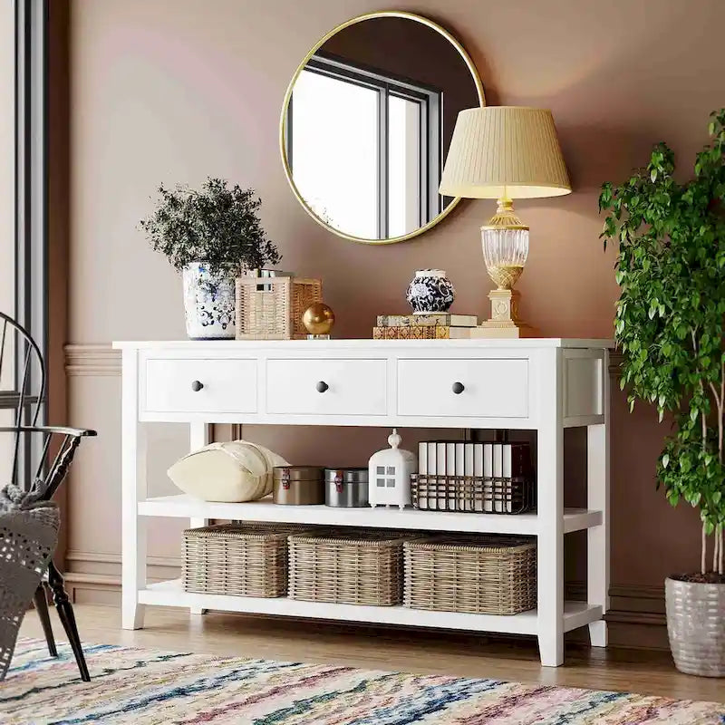 Console style rétro avec deux étagères ouvertes, structure et pieds en bois de pin massif