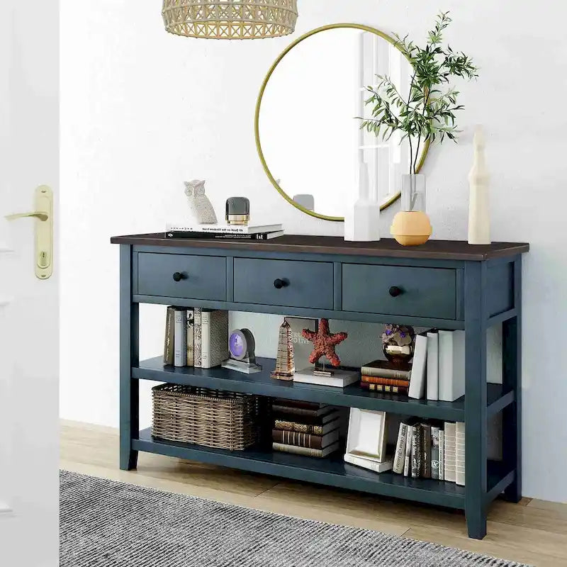 Console style rétro avec deux étagères ouvertes, structure et pieds en bois de pin massif