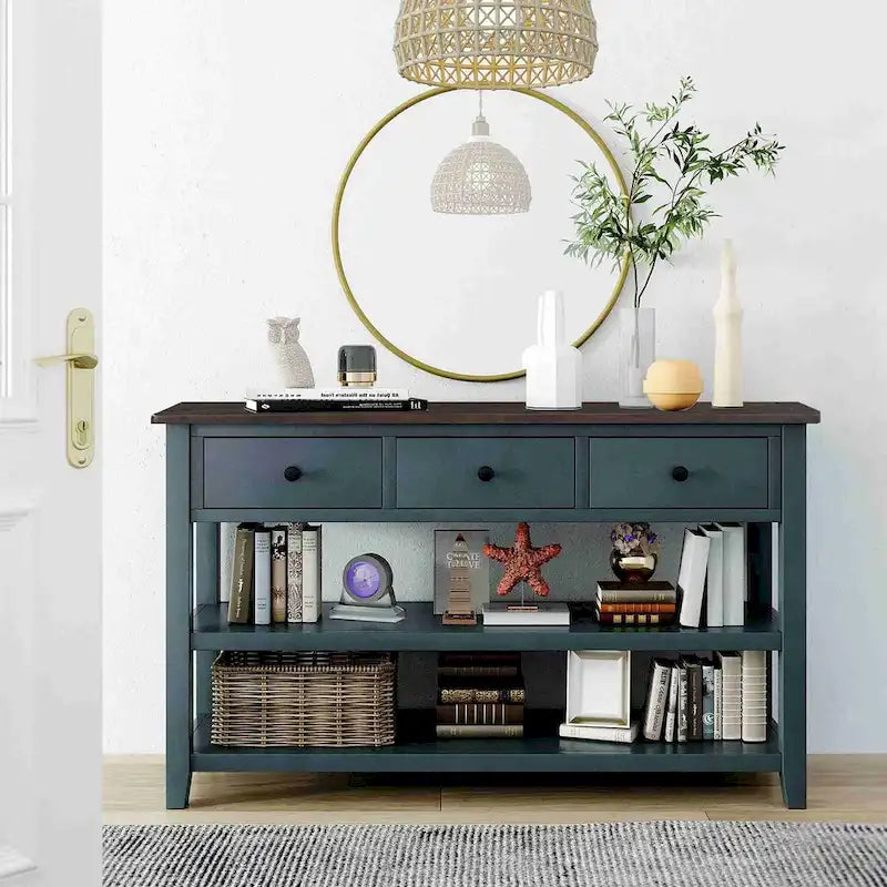 Console style rétro avec deux étagères ouvertes, structure et pieds en bois de pin massif