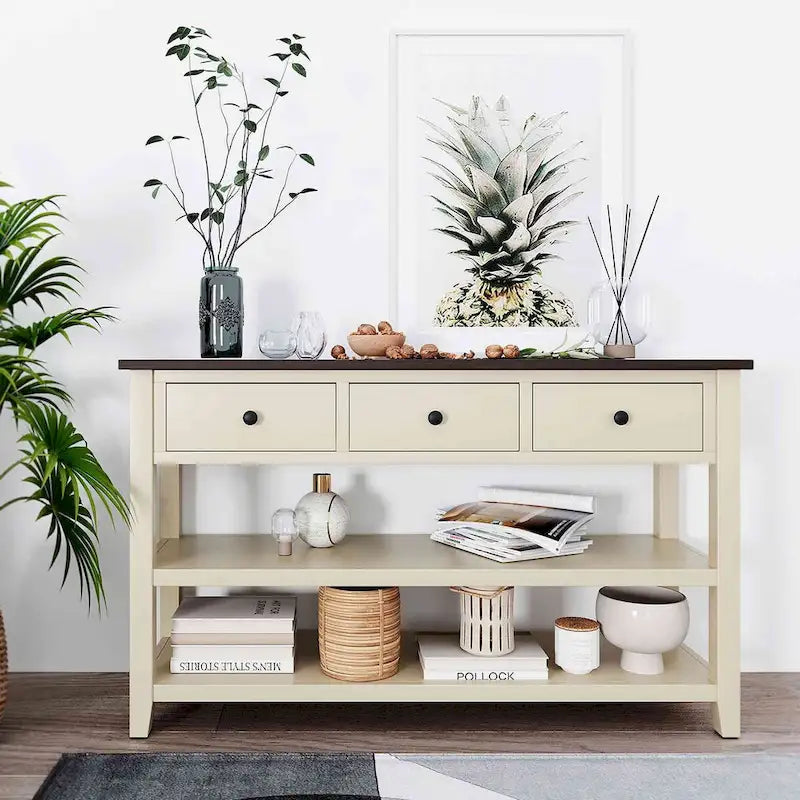 Console style rétro avec deux étagères ouvertes, structure et pieds en bois de pin massif