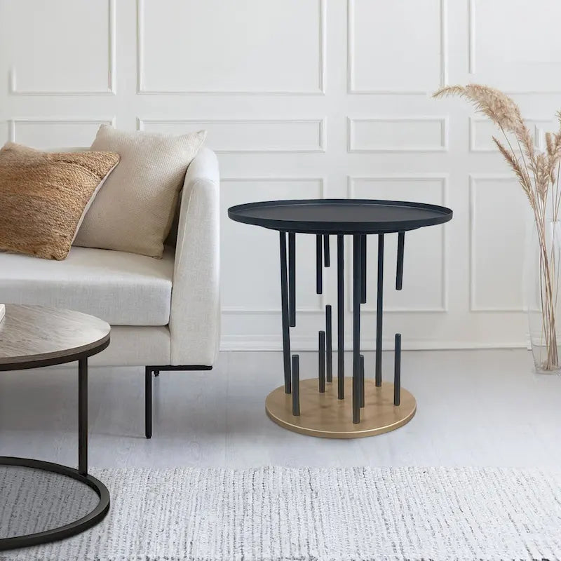 Neci 20 Inch Side End Table, Round Matte Black Tray Top, Modern Rod Supports with Brass Base