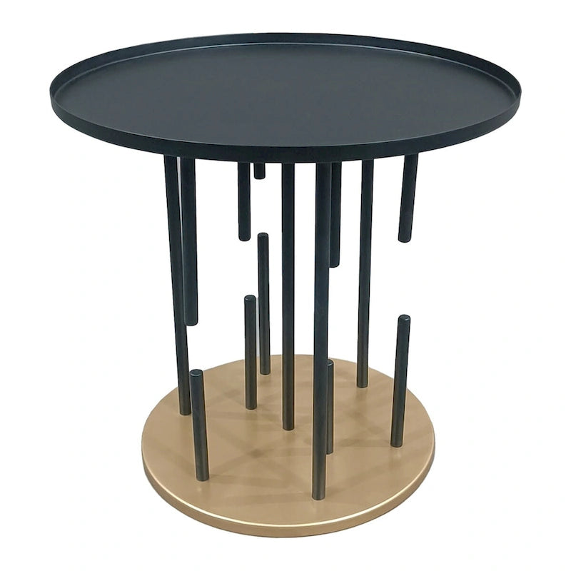 Table d'appoint ronde avec plateau noir mat et base en laiton avec tiges de support