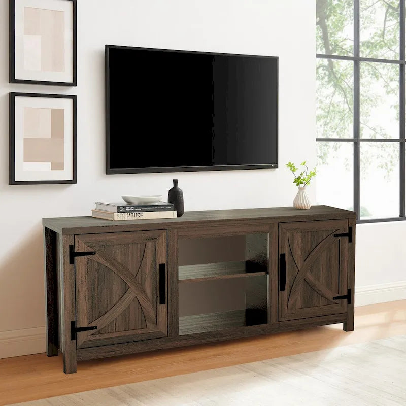 58 Rustic Walnut Barn Door Wood Console TV Stand for TV's up to 65 - 58 inches in width