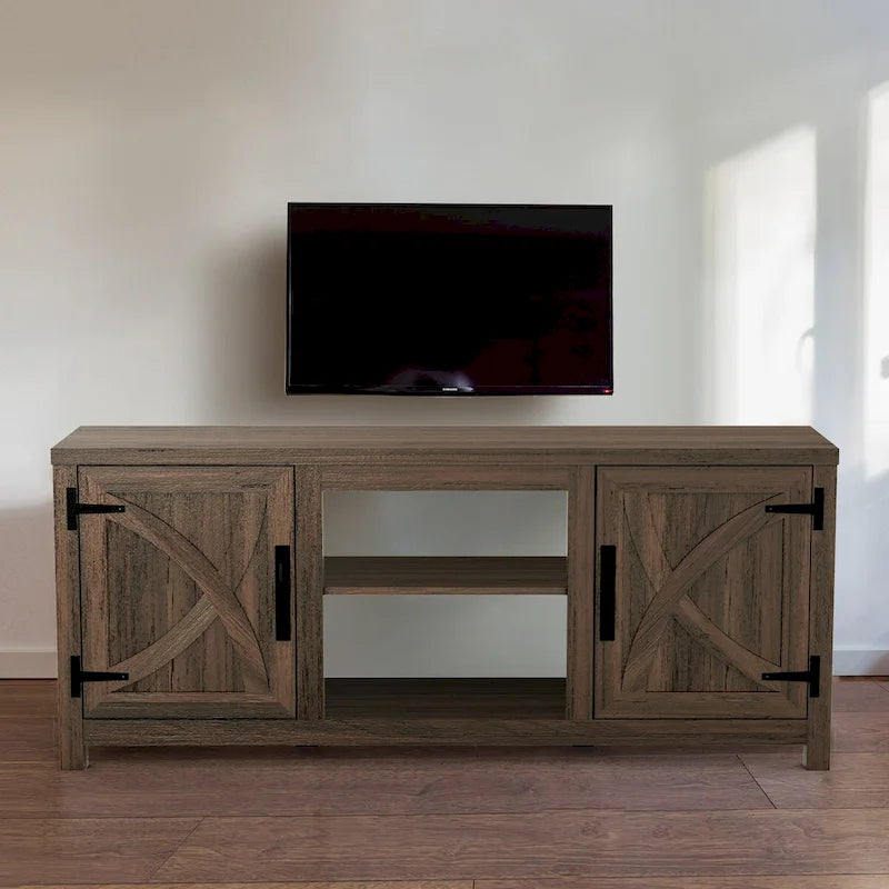 Meuble TV console en bois avec portes de grange rustiques en noyer de 58 po pour téléviseurs jusqu'à 65 po - 58 po de largeur