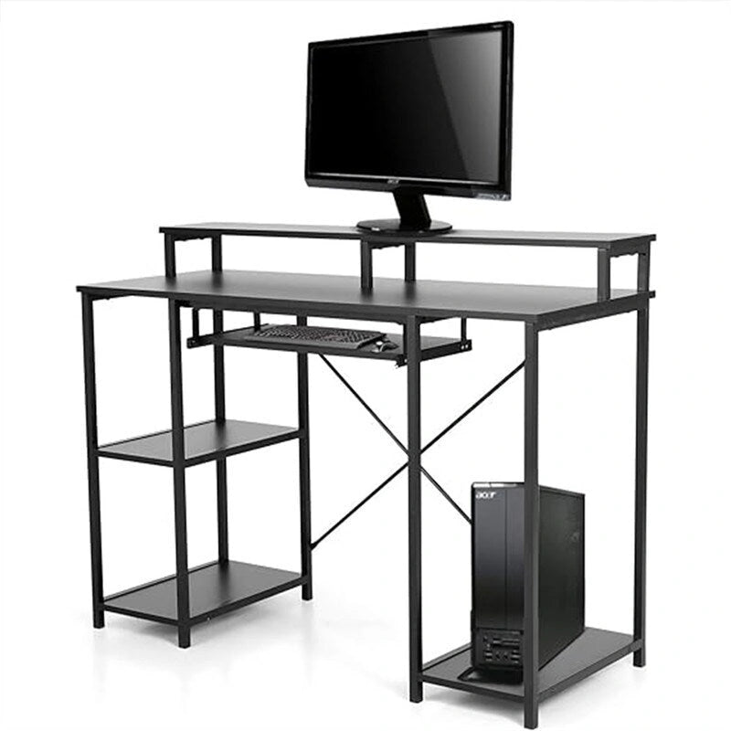 Bureau informatique industriel avec étagères de rangement et plateau de clavier