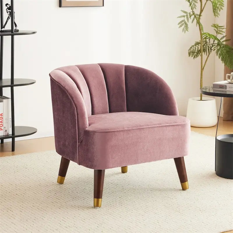 Fauteuil d'appoint baril rembourré en velours avec dossier capitonné et pieds en bois massif