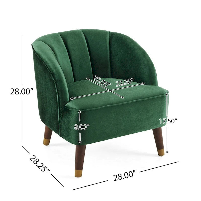 Fauteuil d'appoint baril rembourré en velours avec dossier capitonné et pieds en bois massif