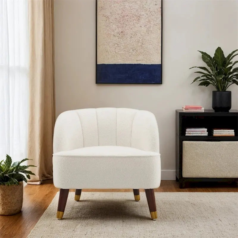 Fauteuil d'appoint baril rembourré en velours avec dossier capitonné et pieds en bois massif