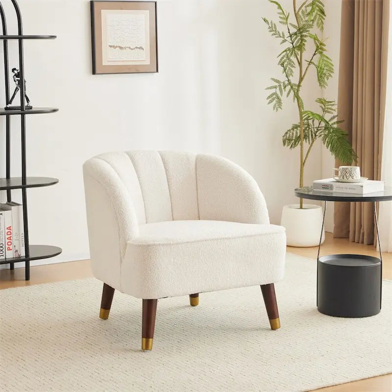 Fauteuil d'appoint baril rembourré en velours avec dossier capitonné et pieds en bois massif